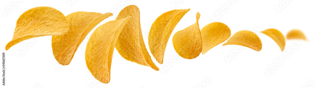 Fototapeta premium Potato chips levitate on a white background