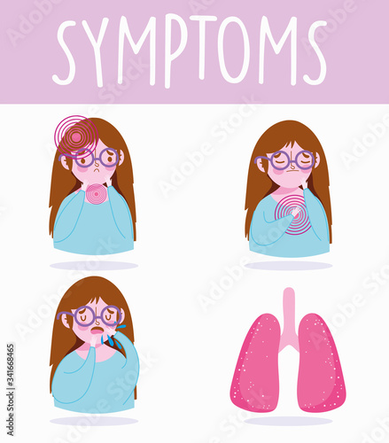 covid 19 coronavirus infographic, girl symptoms disease fever, dry cough, sore throat, shortness of breath