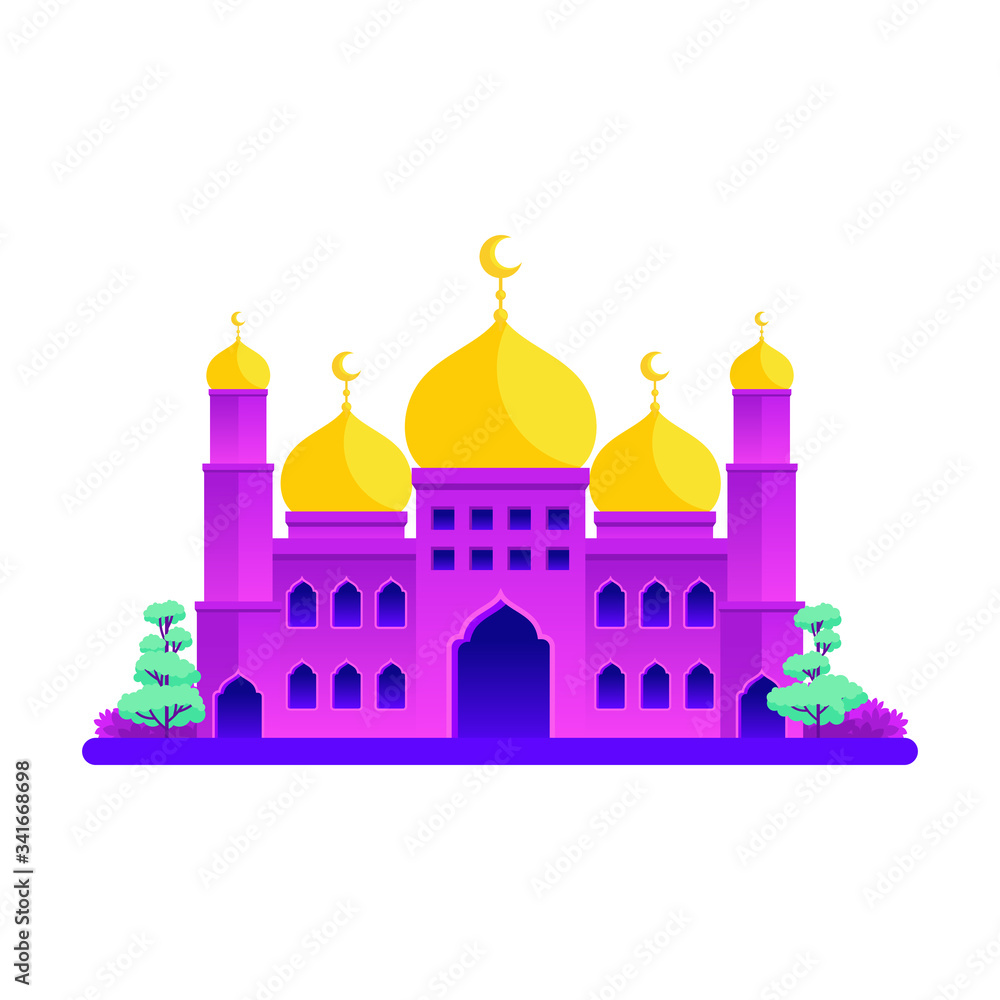 Mosque Building vector illustration with flat design. Yellow or gold dome and light purple  wall.

