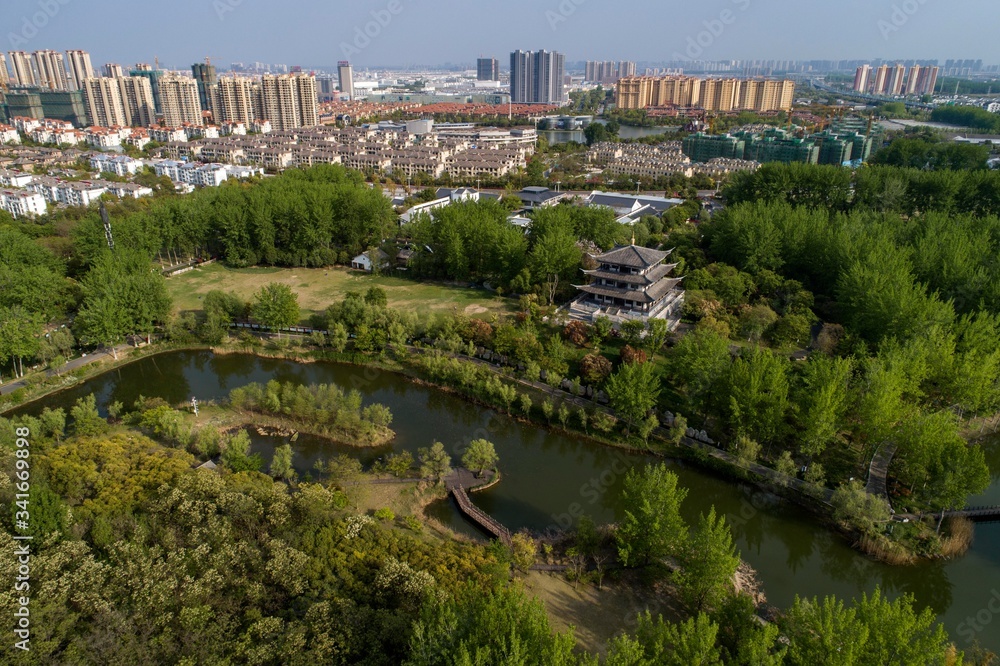April 22, 2020, the 51st world earth day, aerial photography of the ancient Huaihe River National Wetland Park in Huai'an City, Jiangsu Province, China is full of spring.