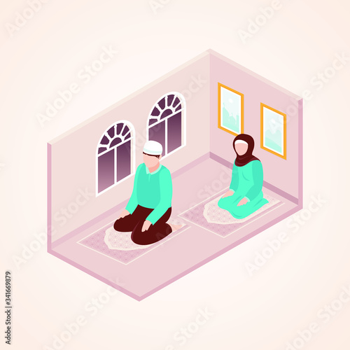 Pray at home, couple muslim stay at home quarantine concept, social distance to protect from COVID-19. 
