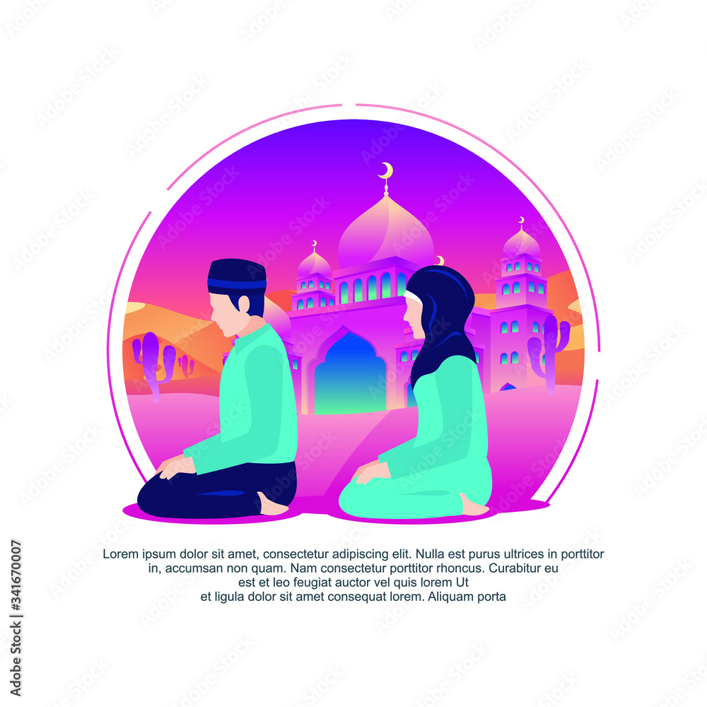 Couple muslim praying concept. men and women praying isometric vector llustration with mosque Flat cartoon vector Illustration.
Couple muslim praying concept. men and women praying isometric vector llustration with mosque Flat cartoon vector Illustration.