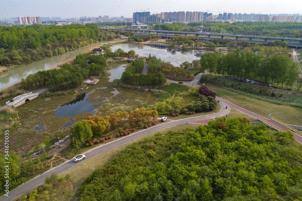 April 22, 2020, the 51st world earth day, aerial photography of the ancient Huaihe River National Wetland Park in Huai'an City, Jiangsu Province, China is full of spring.