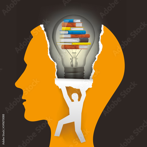 Student, knowledge and creativity, education concept. 
Male head in profile male silhouette ripping paper  with light bulb and books. Vector available.
