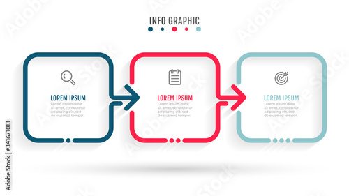 Business infographic template arrow design with icons. Timeline with 3 steps, options. Can be used for workflow layout, info chart, web design or annual report.