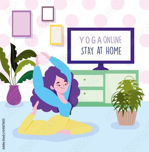 online yoga, girl stretching in floor yoga practicing character, computer