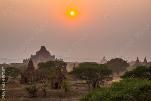 The cloudy sunset of some Bagan temples. Myanmar