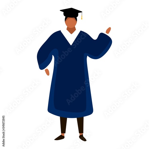 Male student in traditional graduation gown, cartoon style illustration isolated on white background. Young man in academic dress graduating from University.