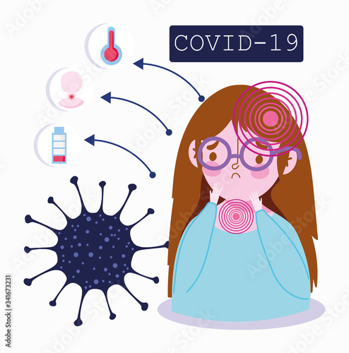 covid 19 coronavirus infographic, patient with sore throat, headache, fatigue