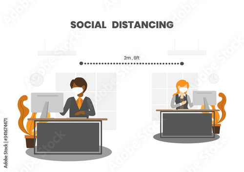 Businessman and woman wear face masks practice social distancing by working separately and keep distance away in office. COVID-19 outbreak prevention.