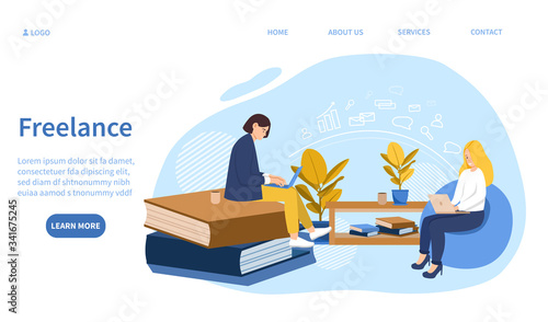 Remote freelance work or telecommuting concept showing people working on laptops, a woman at home and one seated on a pile of books with copy space for text, vector illustration