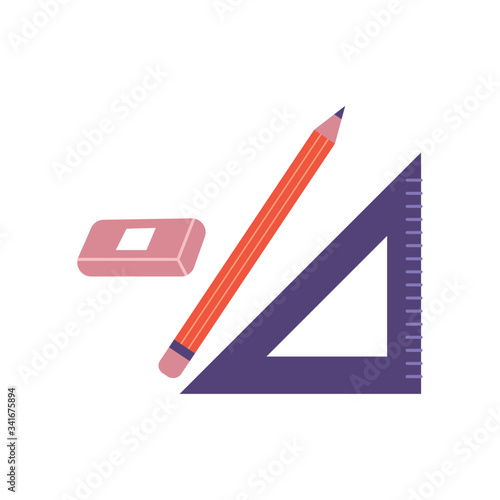triangle rule with pencil and eraser school supplies flat style