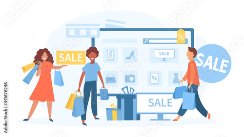 Online catalogue or Sales concept with three happy diverse shoppers carrying bags past a computer screen with Sale icons, vector illustration