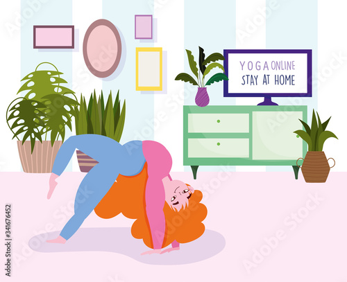 online yoga, stay at home, young woman practicing yoga in room