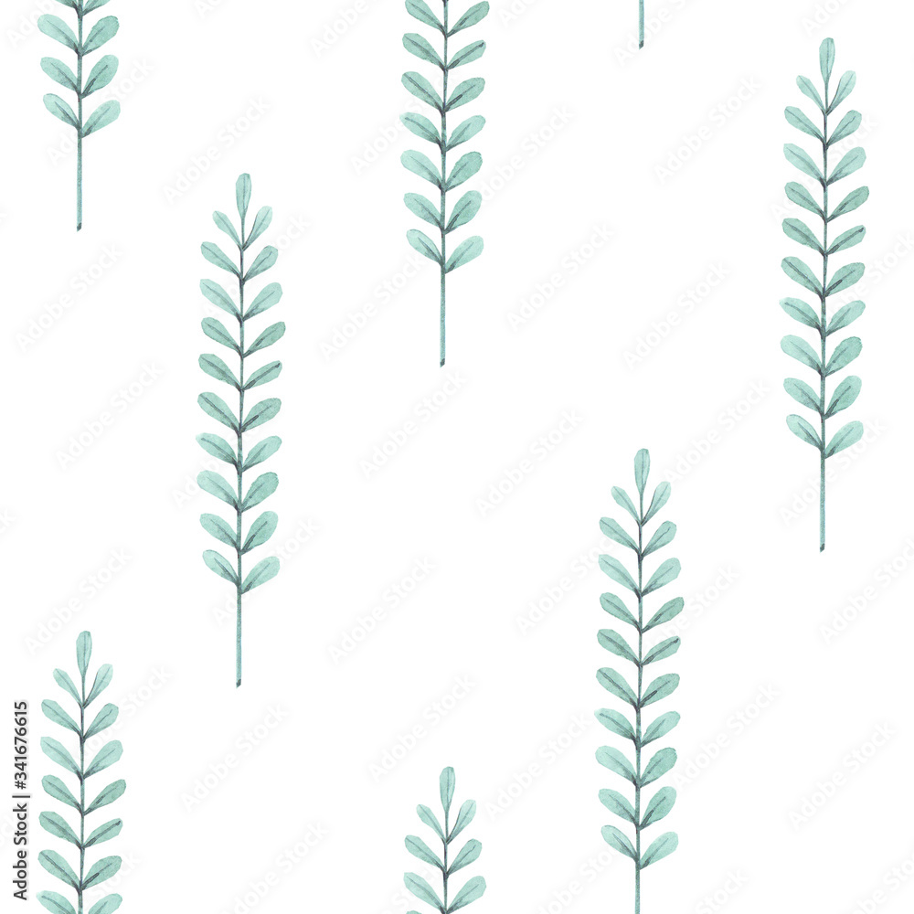 Hand drawn watercolor seamless pattern with leaves and twigs. Green plants on a white background. Design for fabric, wallpaper, napkins, textiles, packaging, backgrounds. Delicate and stylish. Hand drawn watercolor seamless pattern with leaves and twigs. Green plants on a white background. Design for fabric, wallpaper, napkins, textiles, packaging, backgrounds. Delicate and stylish.