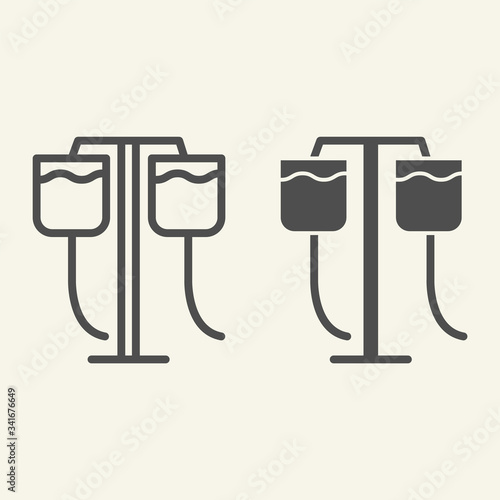 Dropper stand line and solid icon. Medical dropper with liquid inside outline style pictogram on white background. Intravenous drop counter for mobile concept and web design. Vector graphics.