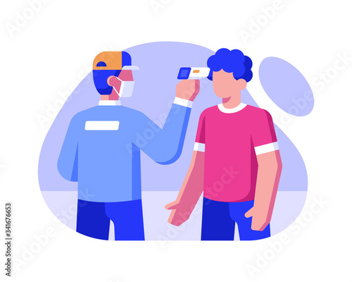 Health Workers Check The Body Temperature At The Forehead Using A Digital Thermometer Gun