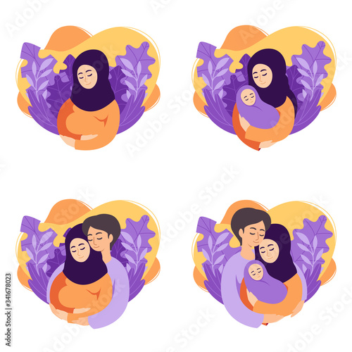 Pregnancy and parenthood concept vector illustrations. Set of scenes muslim pregnant woman, mother holding newborn, future parents are expecting baby, mother and father holding their newborn baby.