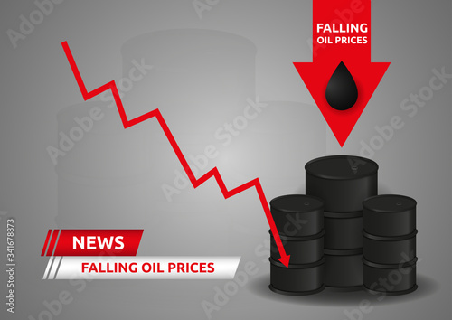 News, Falling oil prices vector concept. Oil crisis and oil barrel. The crisis and the fall in oil prices with red arrow down.