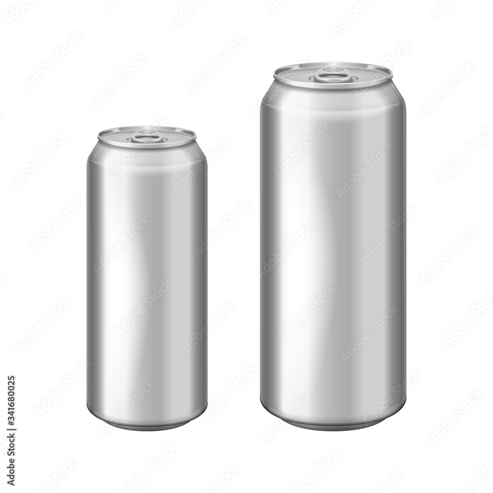 Glossy metal silver aluminium beer can. Can be used for alcohol, energy drink, soft drink, soda, fizzy pop, lemonade, cola. Vector realistic template set Glossy metal silver aluminium beer can. Can be used for alcohol, energy drink, soft drink, soda, fizzy pop, lemonade, cola. Vector realistic template set
