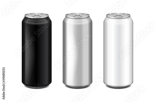 Glossy metal silver, white and black aluminium beer can. Can be used for alcohol, energy drink, soft drink, soda, fizzy pop, lemonade, cola. Vector realistic template set