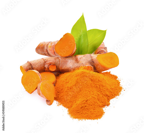 Fresh turmeric and turmeric powder isolated on a white background
