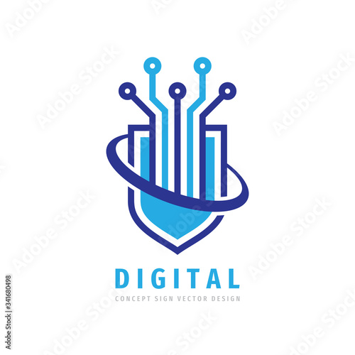 Data protection - logo vector illustration. Abstract shield symbol with electronic design elements. Antivirus creative logo sign. Guard security digital technology icon logo. 