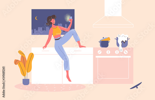Girl sits in a kitchen, makes selfie, chats online, procrastinates in social networks, ignoring her boiling pots. Mobile phone dependence. Use of mobile phones in physically inappropriate situations