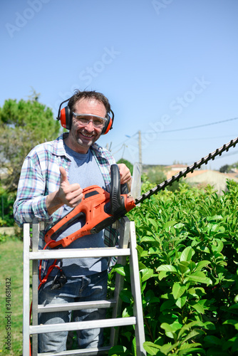 Mature senior man on a ladder using trimmer to trim the hedge in his garden during a spring sunny day