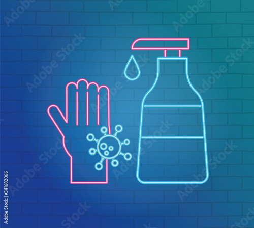 neon 2019 ncov outbreak pandemic, hand sanitizer dispenser, wash hand