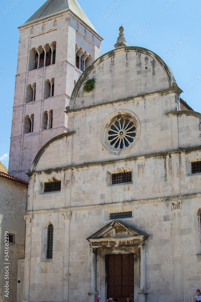 Vertical picture of the facade of the Church of St. Mary (or St. Mary's Church) in the old town of Zadar, Croatia
