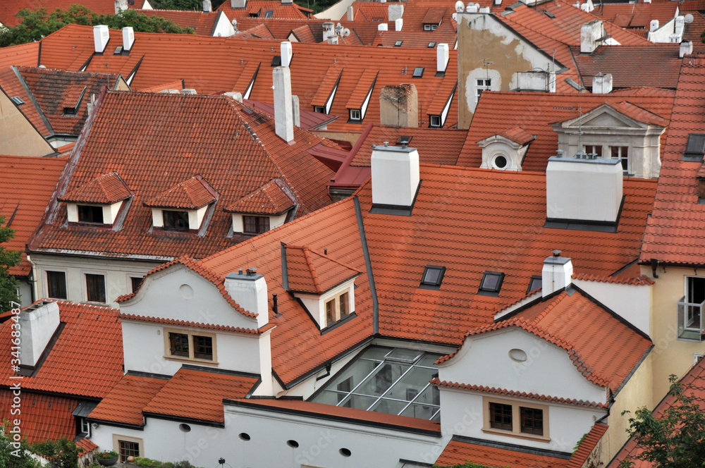 Tiled roofs of historical quarters of Prague