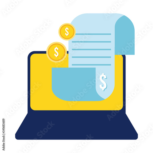 laptop with coins and document flat style icon