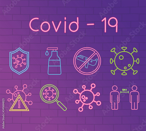neon 2019 ncov outbreak pandemic, coronavirus pathogen disease, prevention icons