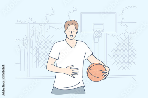 Man playing basketball concept. Young happy man boy teenager athlete cartoon character standing with ball game on field, looking straight at camera. Sport recreation and active lifestyle illustration.