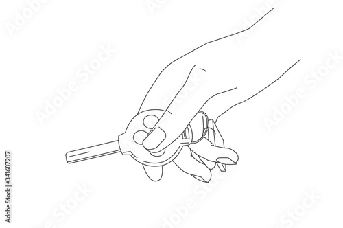 Line illustration of hand holding a car key and pressing button to open, key of round shape with trinket