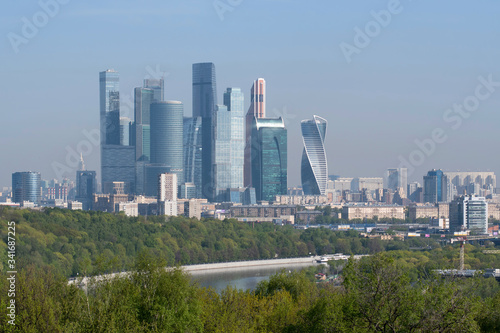 Cityscape with old soviet buildings on the background of modern skyscrapers. Moscow  Russia.