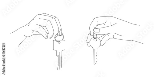 Drawn line illustration of hand holding or giving a key from house or car in two gesture positions foreshortening, isolated
