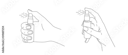 Line illustrations of hand holding a small spray bottle and push the dispenser in two gesture foreshortening, isolated