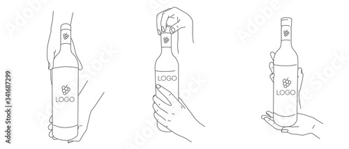 Set of line illustrations with hands holding a bottle of wine, waiter serving it or sommelier presenting, different gesture foreshortening, isolated