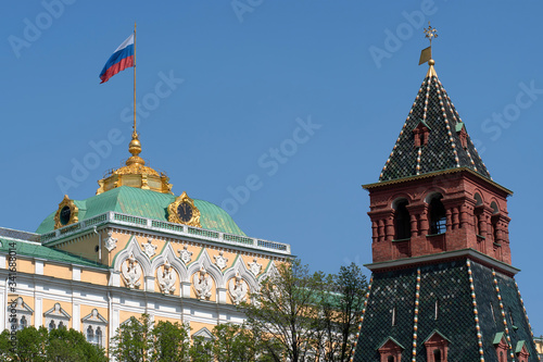 Symbol of Russia. Moscow Kremlin (Grand Kremlin Palace with the national flag of Russia and Blagoveshchenskaya tower).