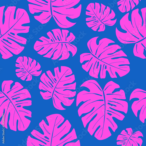 Bright pattern of monstera leaves. Creates an atmosphere of tropics  summer and relaxation. Suitable for printing on fabric and stationery.