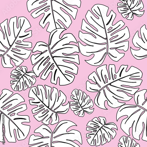 Bright pattern of monstera leaves. Creates an atmosphere of tropics, summer and relaxation. Suitable for printing on fabric and stationery.