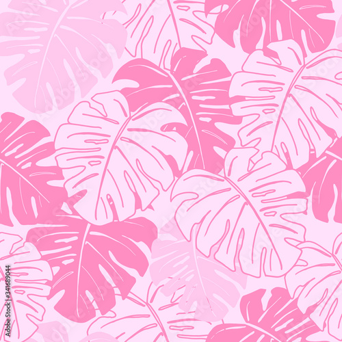 Bright pattern of monstera leaves. Creates an atmosphere of tropics, summer and relaxation. Suitable for printing on fabric and stationery.