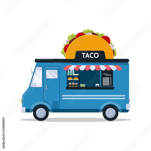 Taco food truck isolated on white background. Fast food truck in cartoon style