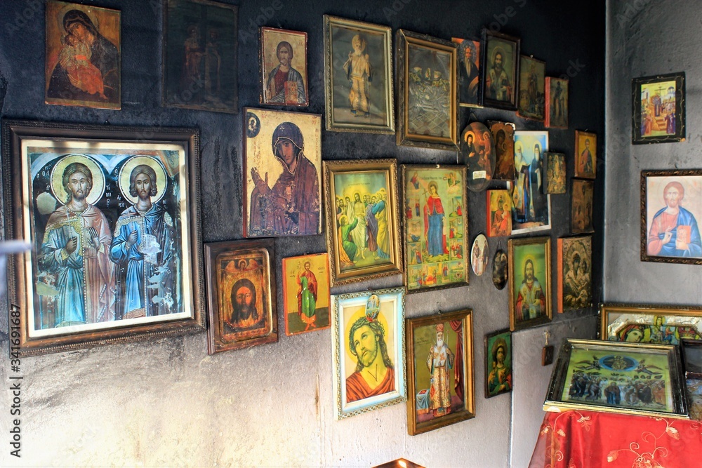 Christian orthodox icons inside an old chapel in Athens, Greece, April 20 2020.