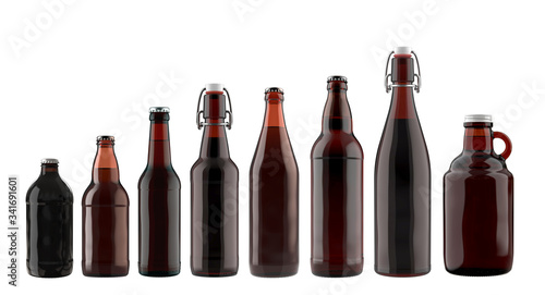 Set of Different Sizes of Brown Glass Beer Bottles. 3D Render Isolated on White. photo