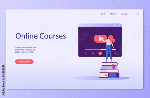 Female student standing and studying online courses with phone. Online course and webinar. Concept of successful studying, online lesson, modern education. Vector illustration in flat design