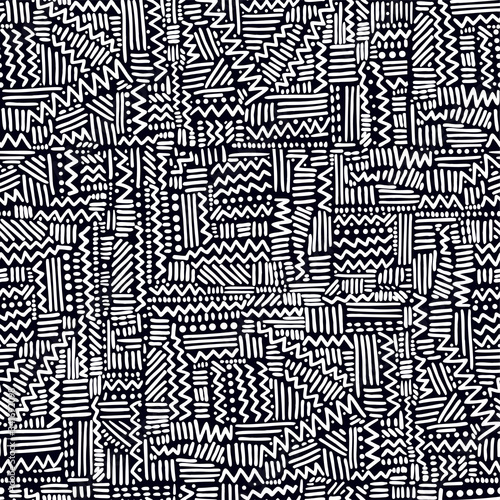 Seamless geometric vector pattern in rythmic ethnic Memphis style, linear background.