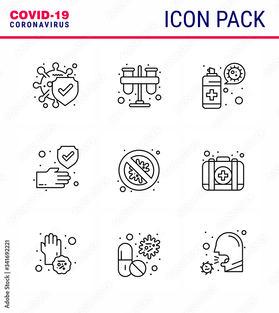 Naklejka Coronavirus Prevention Set Icons. 9 Line icon such as bacteria, protection, tubes, hand, protection